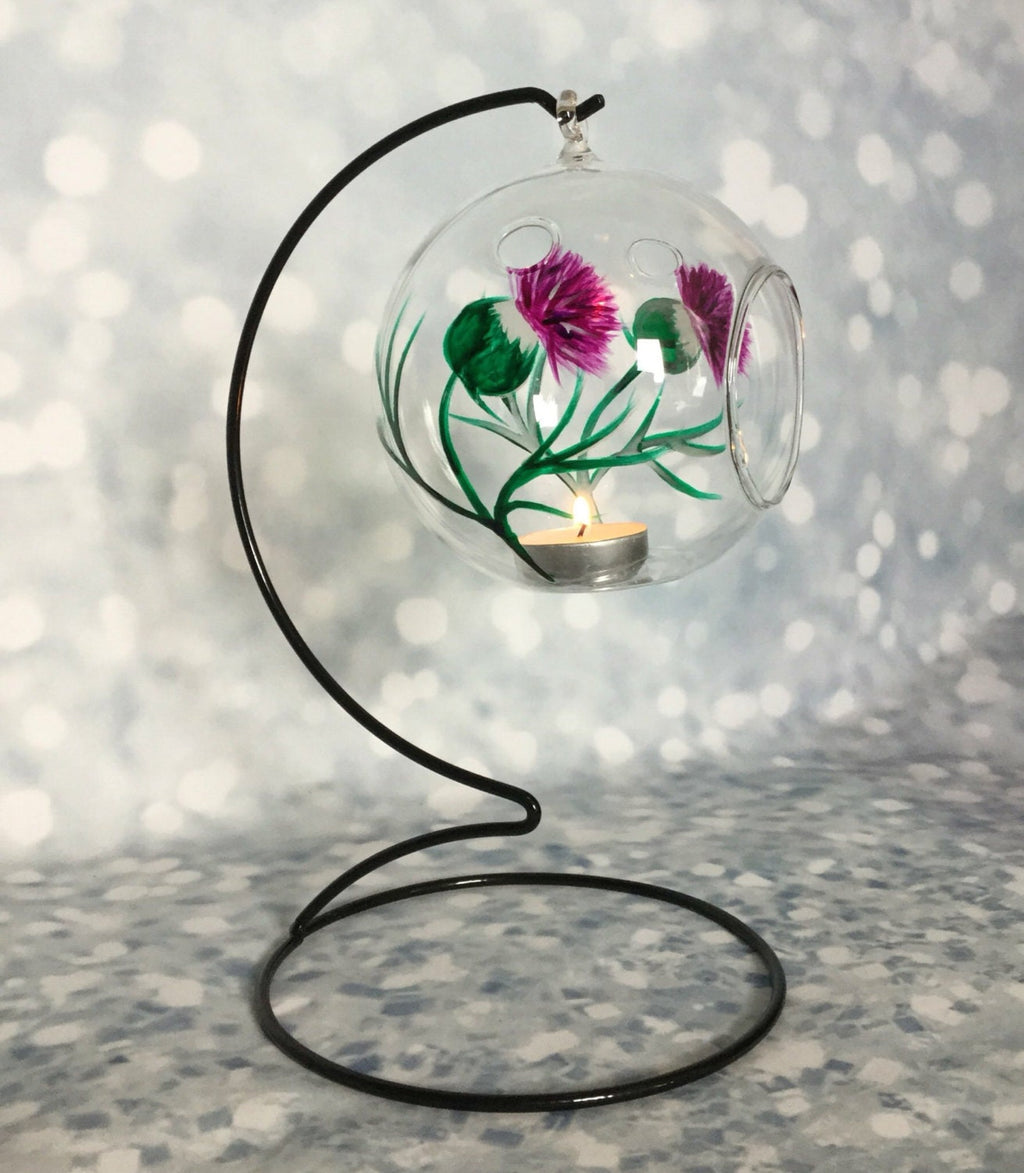 Hanging Tea Light holder hand painted in Scotland with my unique Thistle Design, Scottish, candle holder, Chardon, Outlander. Inc stand.