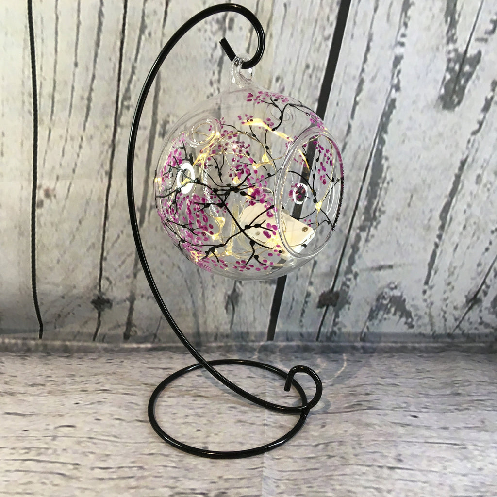 Hanging  Glass Tea Light holder, hand painted with my Blossom Design, Pink, mothers day, birthday, lamp, candle holder and stand.