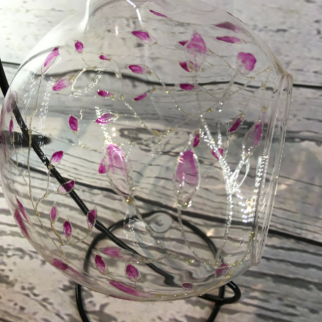 Hanging Tea Light Holder hand painted with my Sparkly SAilver and Pink Leaf Design, Birthday, Mother, Best Friend Gift