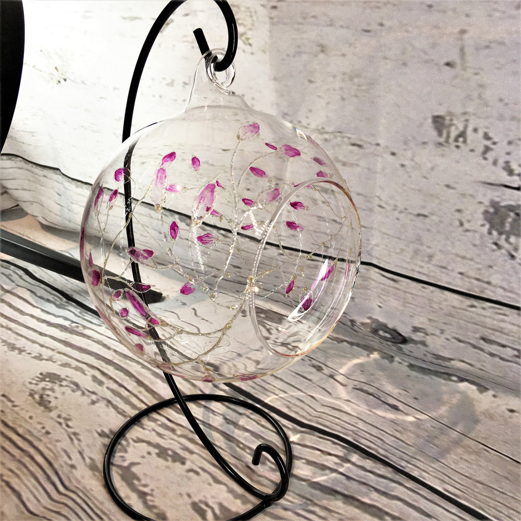 Hanging Tea Light Holder hand painted with my Sparkly SAilver and Pink Leaf Design, Birthday, Mother, Best Friend Gift