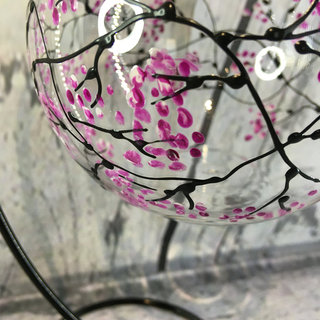 Hanging  Glass Tea Light holder, hand painted with my Blossom Design, Pink, mothers day, birthday, lamp, candle holder and stand.