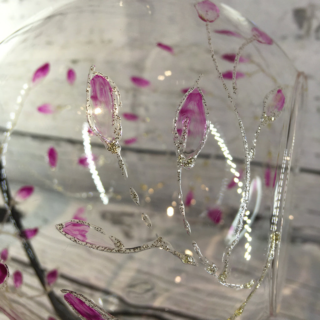 Hanging Tea Light Holder hand painted with my Sparkly SAilver and Pink Leaf Design, Birthday, Mother, Best Friend Gift