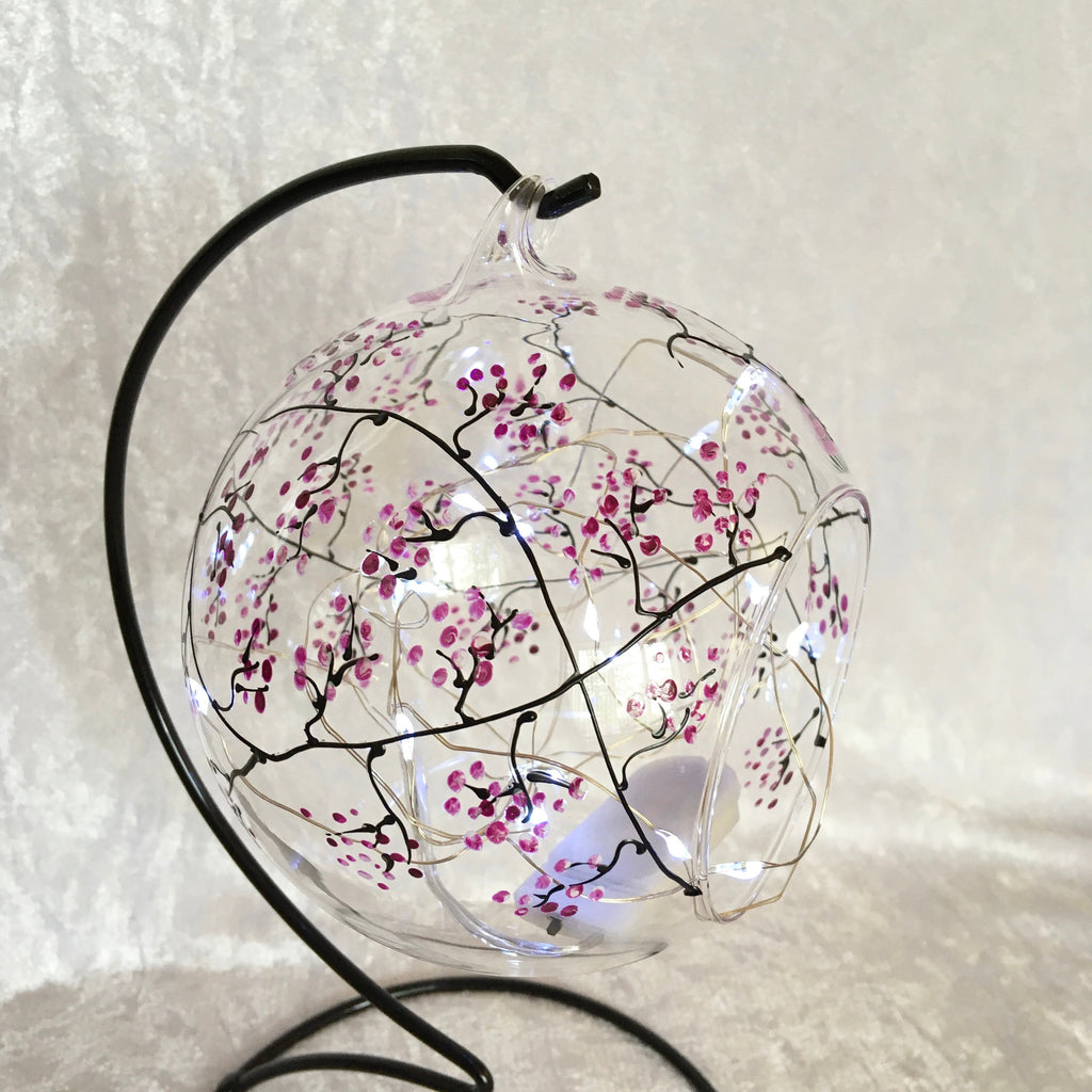 Hanging  Glass Tea Light holder, hand painted with my Blossom Design, Pink, mothers day, birthday, lamp, candle holder and stand.