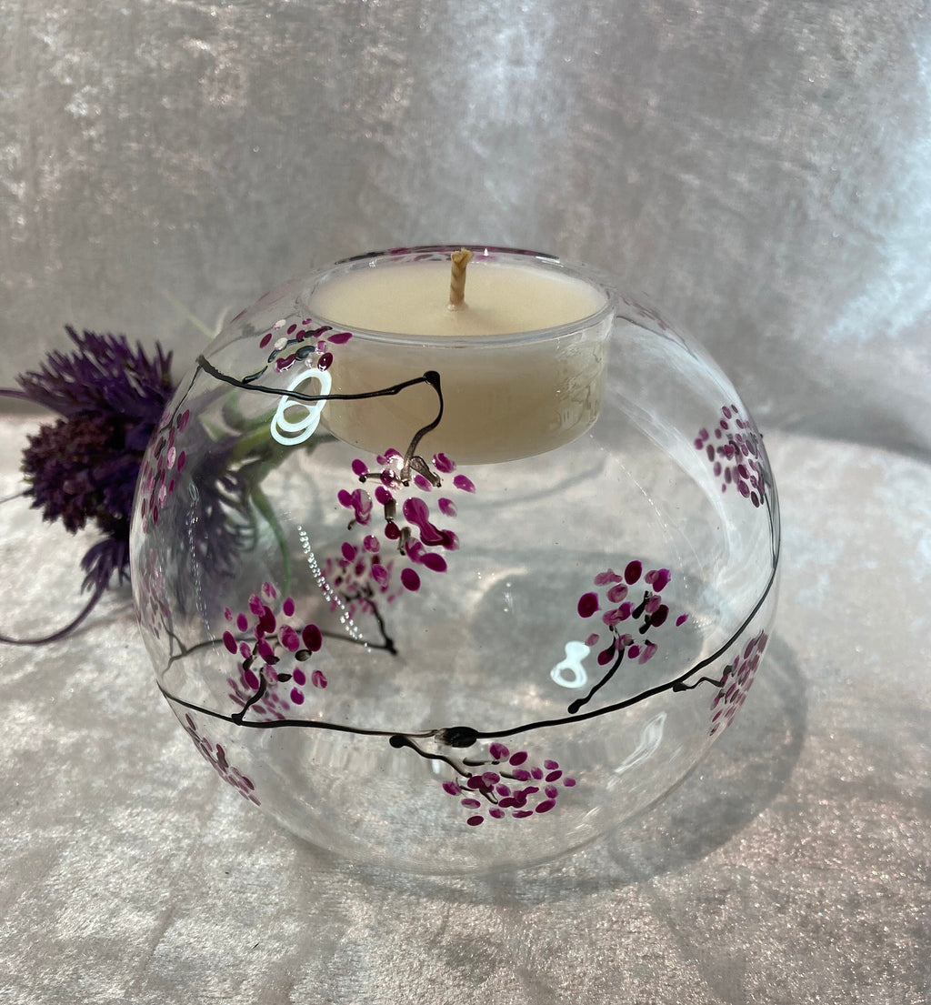 Glass Ball Tea Light Holder, Hand Painted with my travelling Blossom Design, Pink, Spring Flowers, Mothers Day, gift for her, candle holder