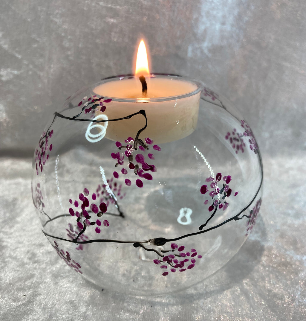 Glass Ball Tea Light Holder, Hand Painted with my travelling Blossom Design, Pink, Spring Flowers, Mothers Day, gift for her, candle holder