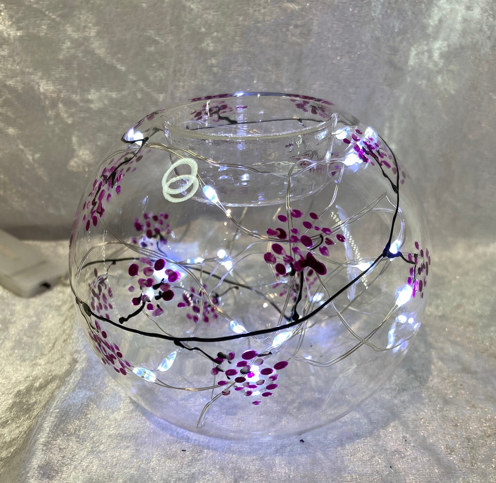 Glass Ball Tea Light Holder, Hand Painted with my travelling Blossom Design, Pink, Spring Flowers, Mothers Day, gift for her, candle holder