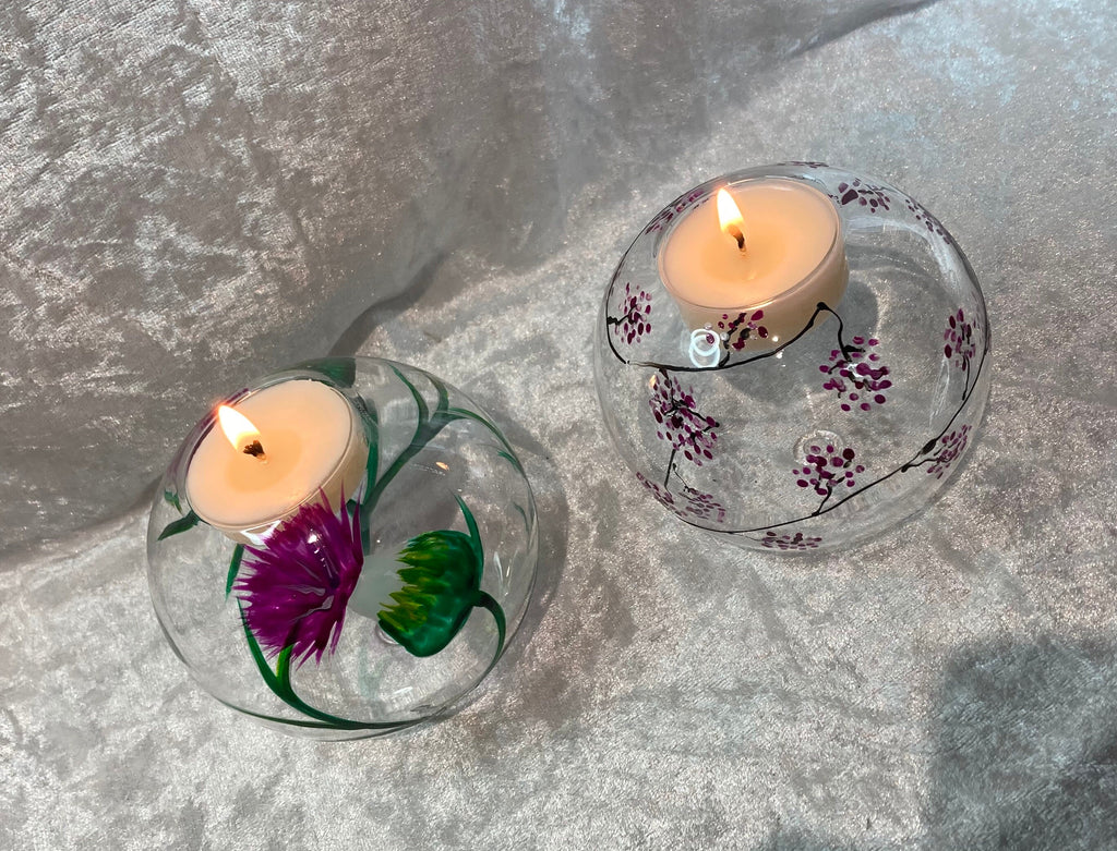 Glass Ball Tea Light Holder, Hand Painted with my travelling Blossom Design, Pink, Spring Flowers, Mothers Day, gift for her, candle holder