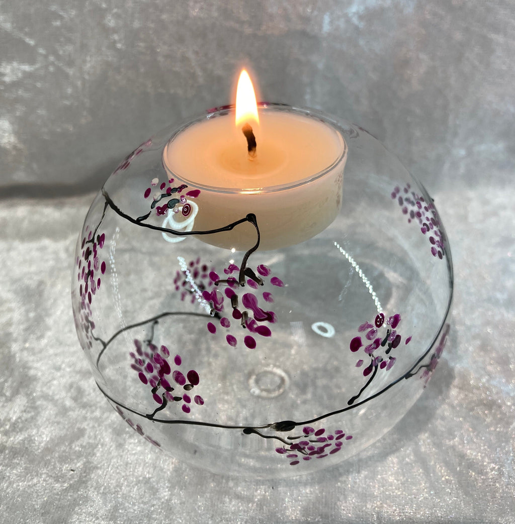 Glass Ball Tea Light Holder, Hand Painted with my travelling Blossom Design, Pink, Spring Flowers, Mothers Day, gift for her, candle holder
