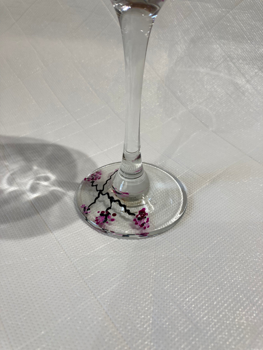 Red Wine Glass Hand Painted with a travelling pink blossom design, Wedding Decor, Gift, Dinner Party, mothers day, ladies, sister, bride