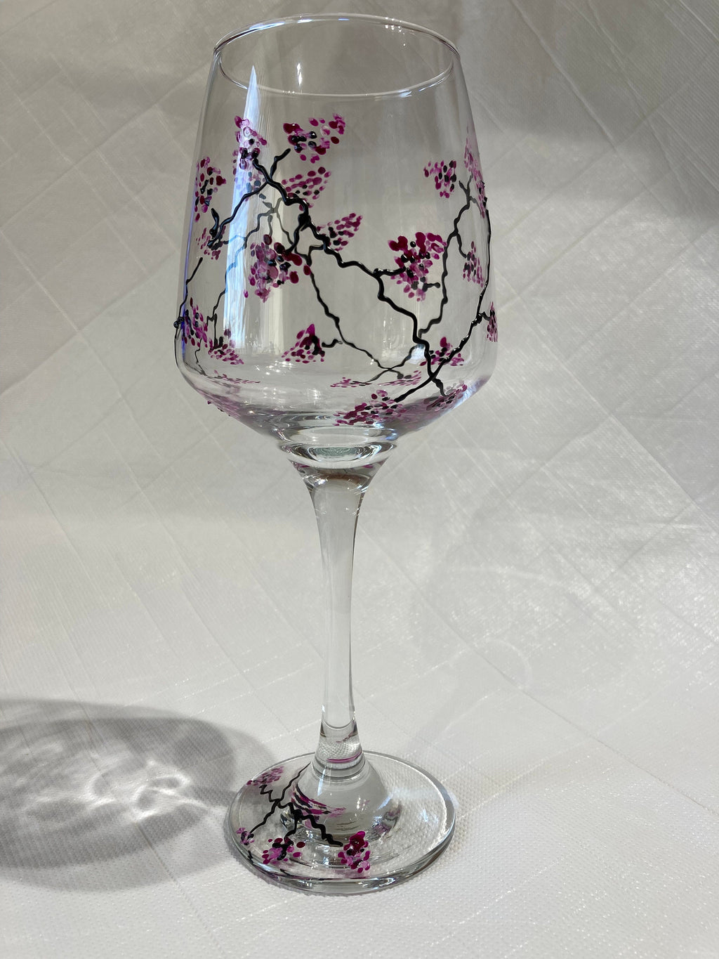 Red Wine Glass Hand Painted with a travelling pink blossom design, Wedding Decor, Gift, Dinner Party, mothers day, ladies, sister, bride