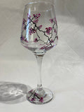 Red Wine Glass Hand Painted with a travelling pink blossom design, Wedding Decor, Gift, Dinner Party, mothers day, ladies, sister, bride