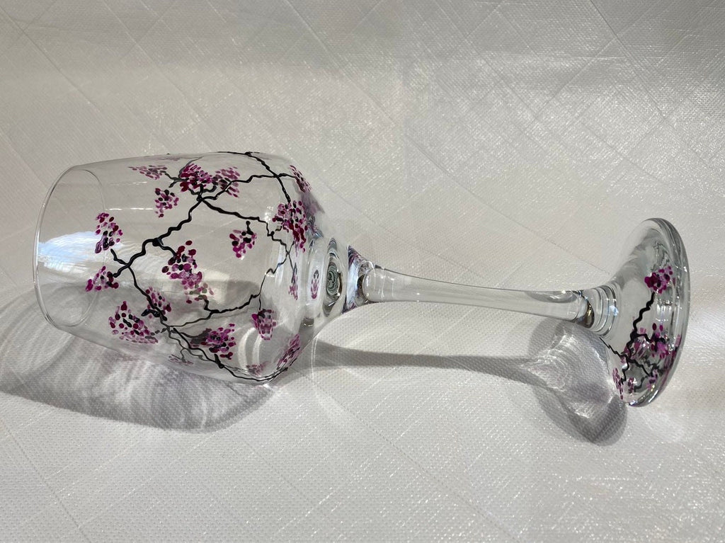 Red Wine Glass Hand Painted with a travelling pink blossom design, Wedding Decor, Gift, Dinner Party, mothers day, ladies, sister, bride