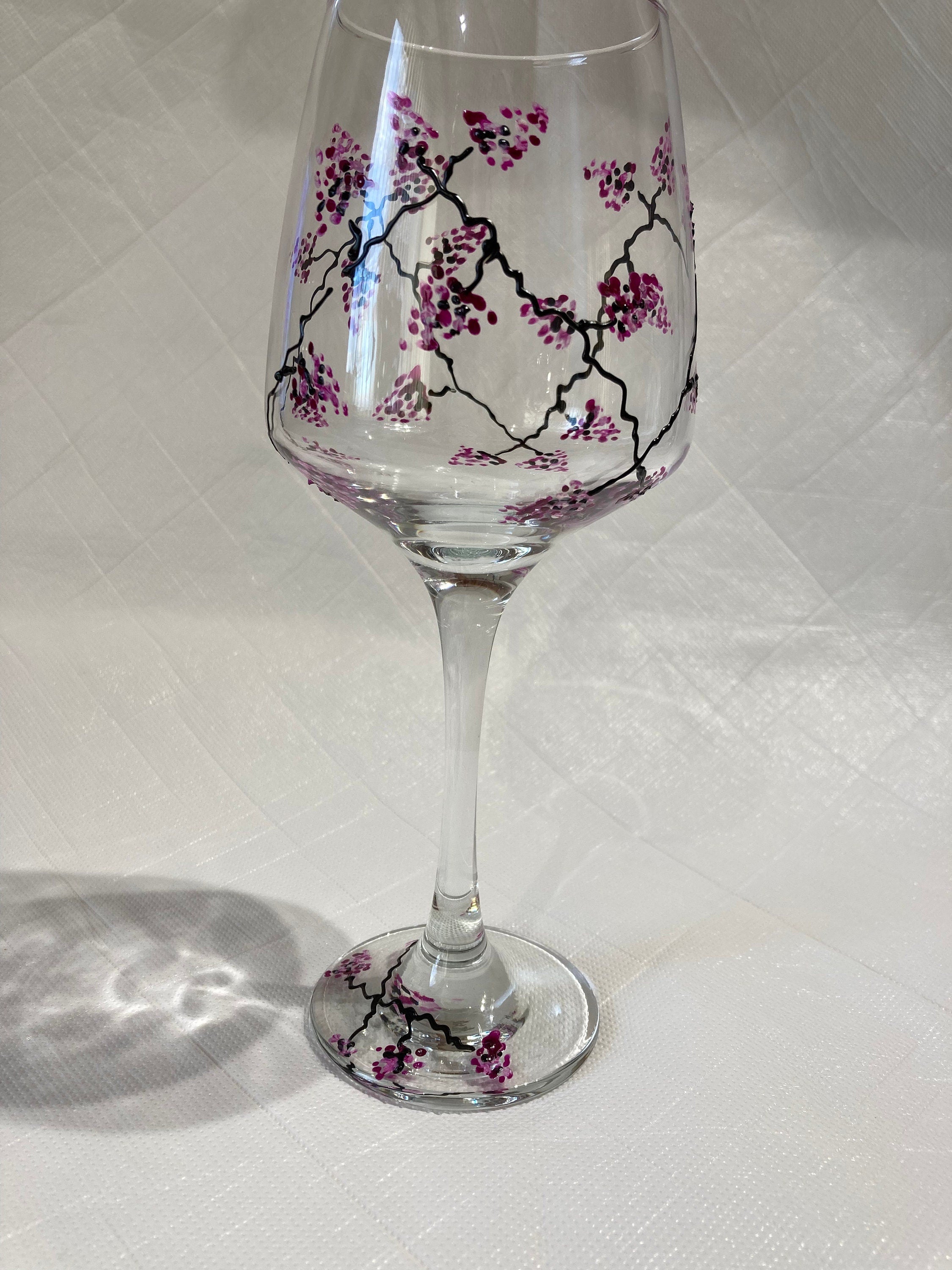 Red Wine Glass Hand Painted with a travelling pink blossom design, Wedding Decor, Gift, Dinner Party, mothers day, ladies, sister, bride