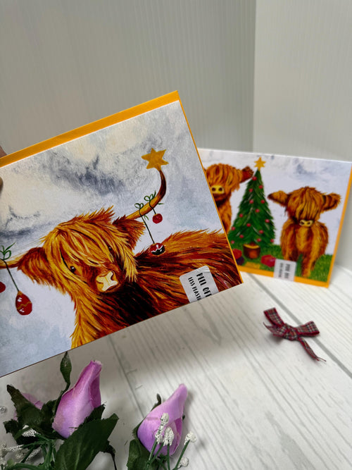 Christmas Coo - Christmas Card, Greeting Card, Highland Coo, Happy Holiday Card, from original artwork, Scottish coo. Painted in Scotland.