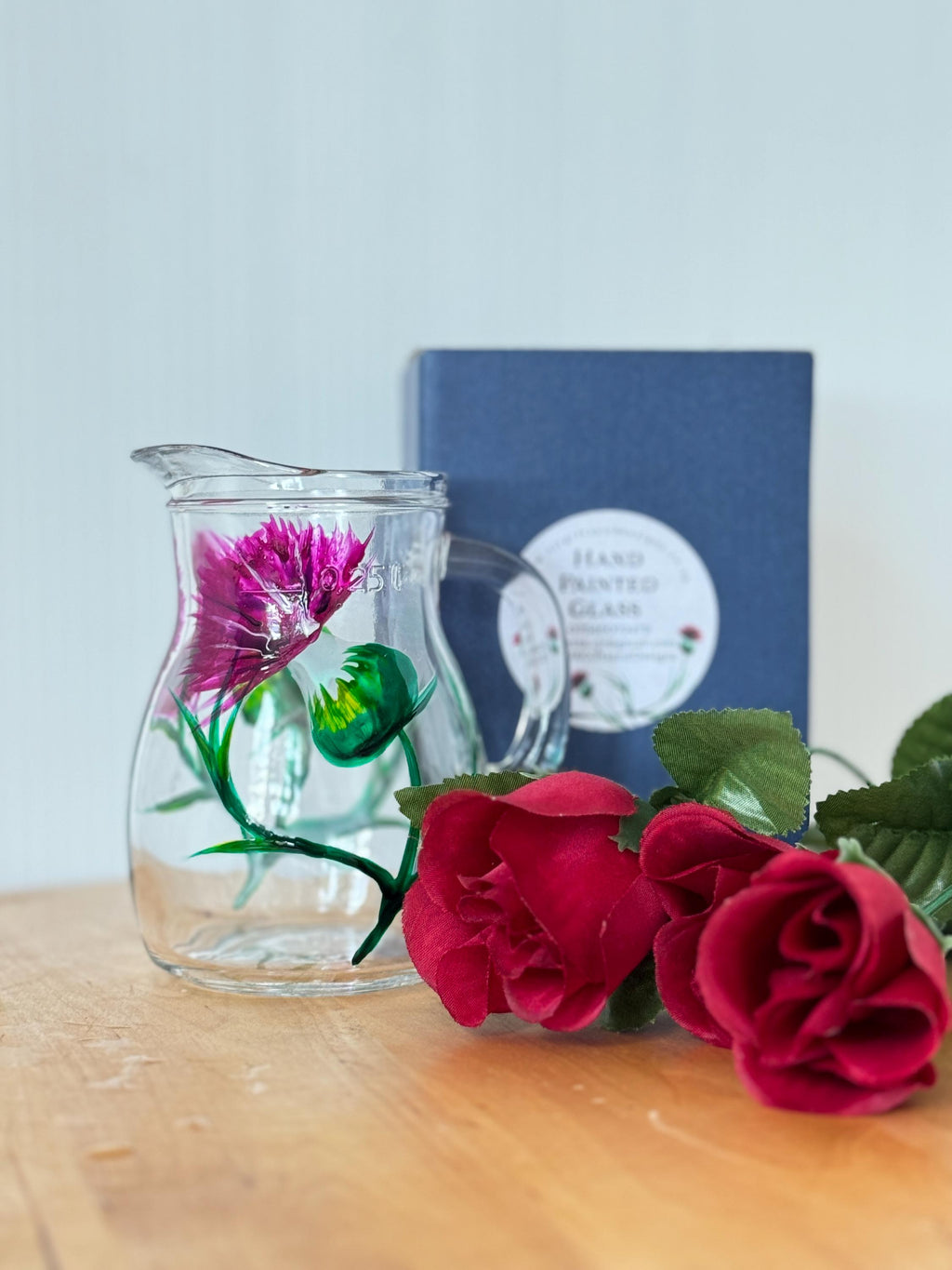 Hand-Painted Thistle Glass Jug | 0.25L Mini Pitcher | Scottish Floral Cream Jug | Small Glass Vase | Celtic Kitchen Decor Gift