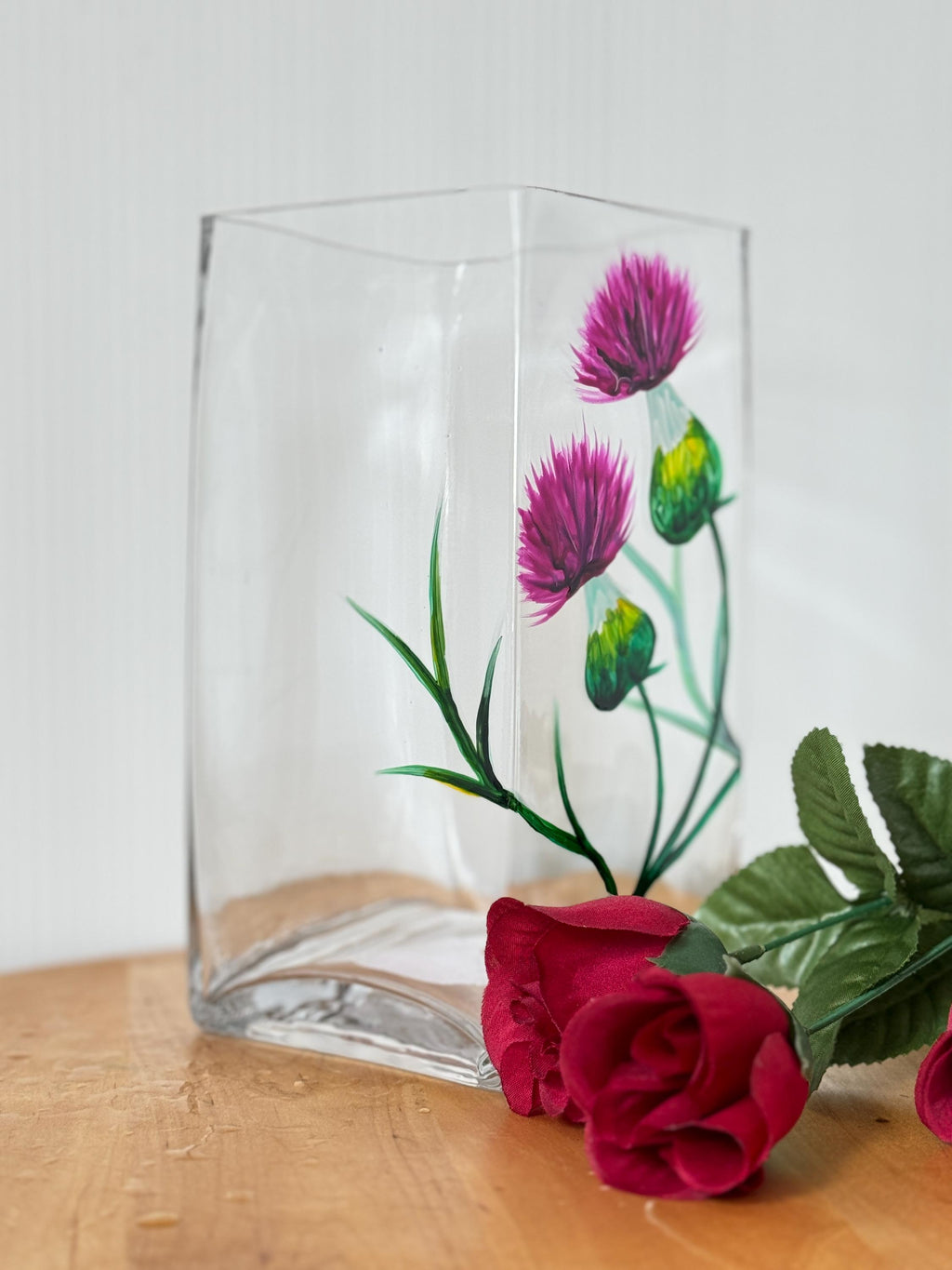 Square glass vase with my original hand painted thistles design, 20x10x10cm, heavy bottomed, Scottish, Hand painted in Scotland