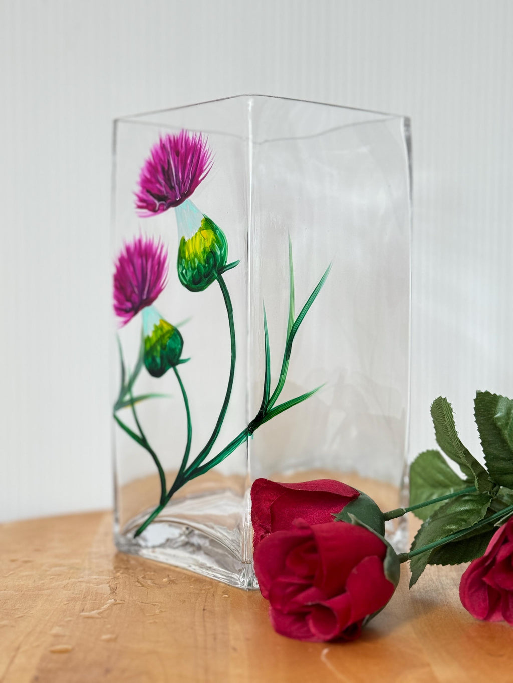 Square glass vase with my original hand painted thistles design, 20x10x10cm, heavy bottomed, Scottish, Hand painted in Scotland