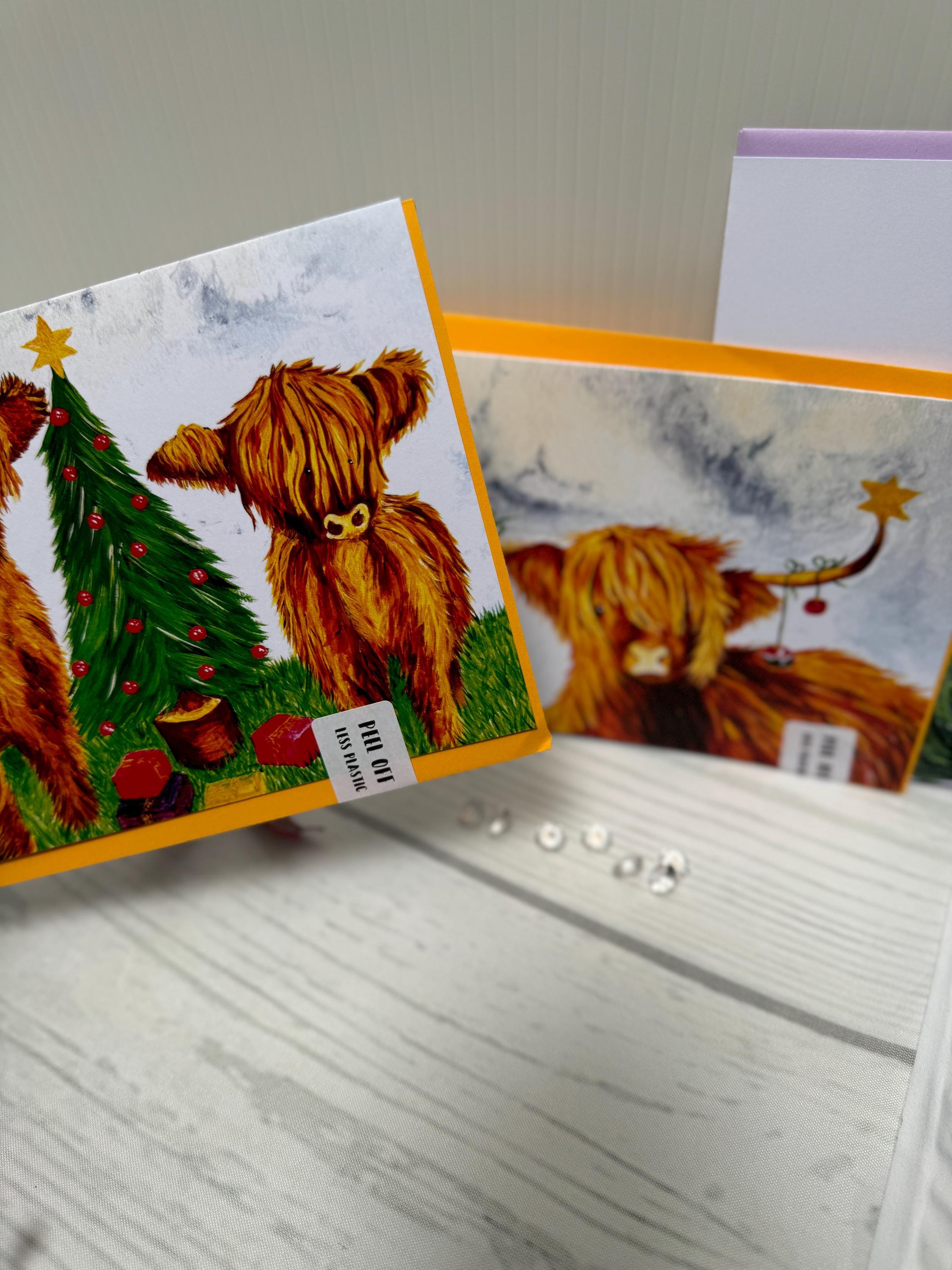 Christmas Coos - Christmas Card, Hamish & Bella coos, Greeting Card, Highland Coo, Happy Holiday Card, from original artwork, Scottish coo.
