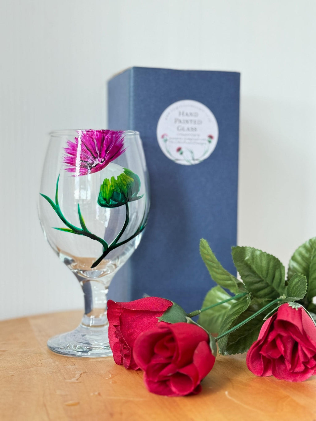 Stemmed Beer, snifter or Juice glass hand Painted with my unique Thistle Design, Outlander, Gift Boxed, Scottish, Made in Scotland
