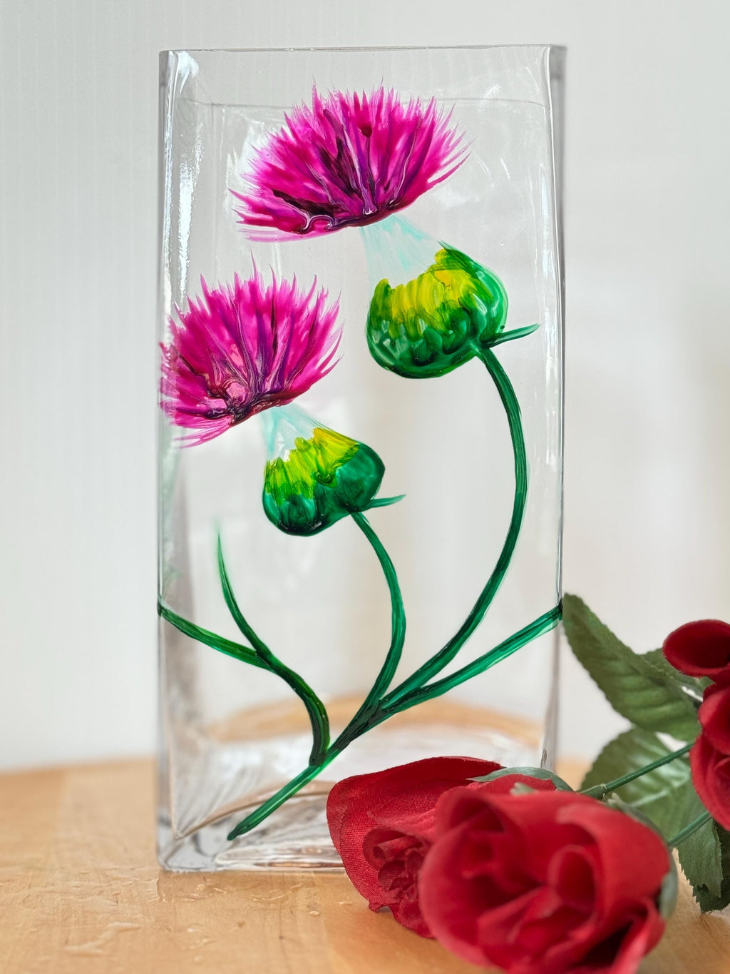 Square glass vase with my original hand painted thistles design, 20x10x10cm, heavy bottomed, Scottish, Hand painted in Scotland