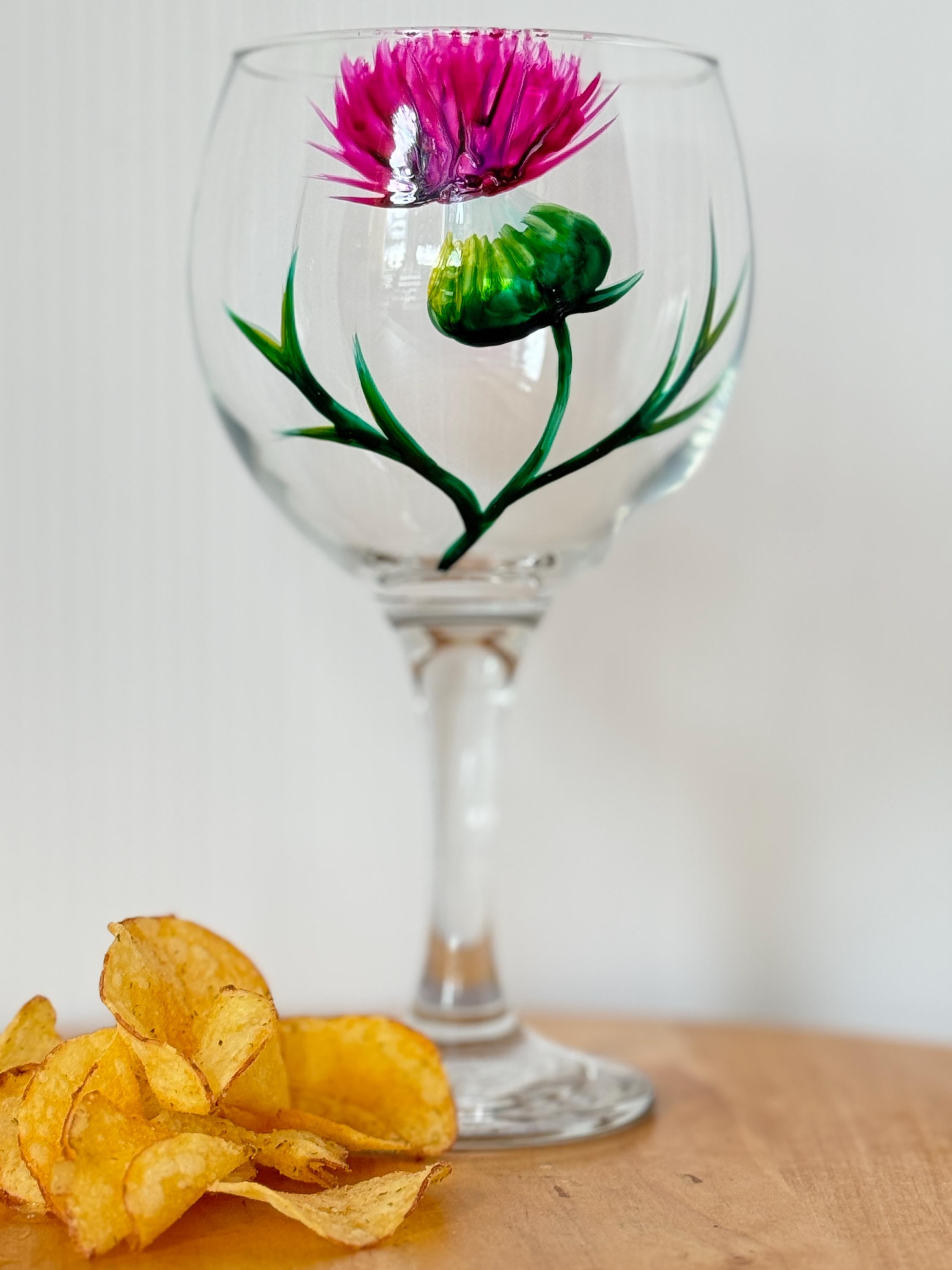 Hand Painted Gin Glass with Scottish Thistle | Large Balloon Glass | Scotland Gift for Her | Celtic Barware | Unique Floral Stemware